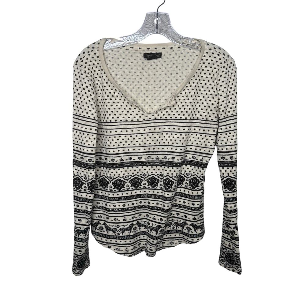 Lucky Brand Women’s Thermal Henley‎ Top L Ivory Black Zebra Print Boho